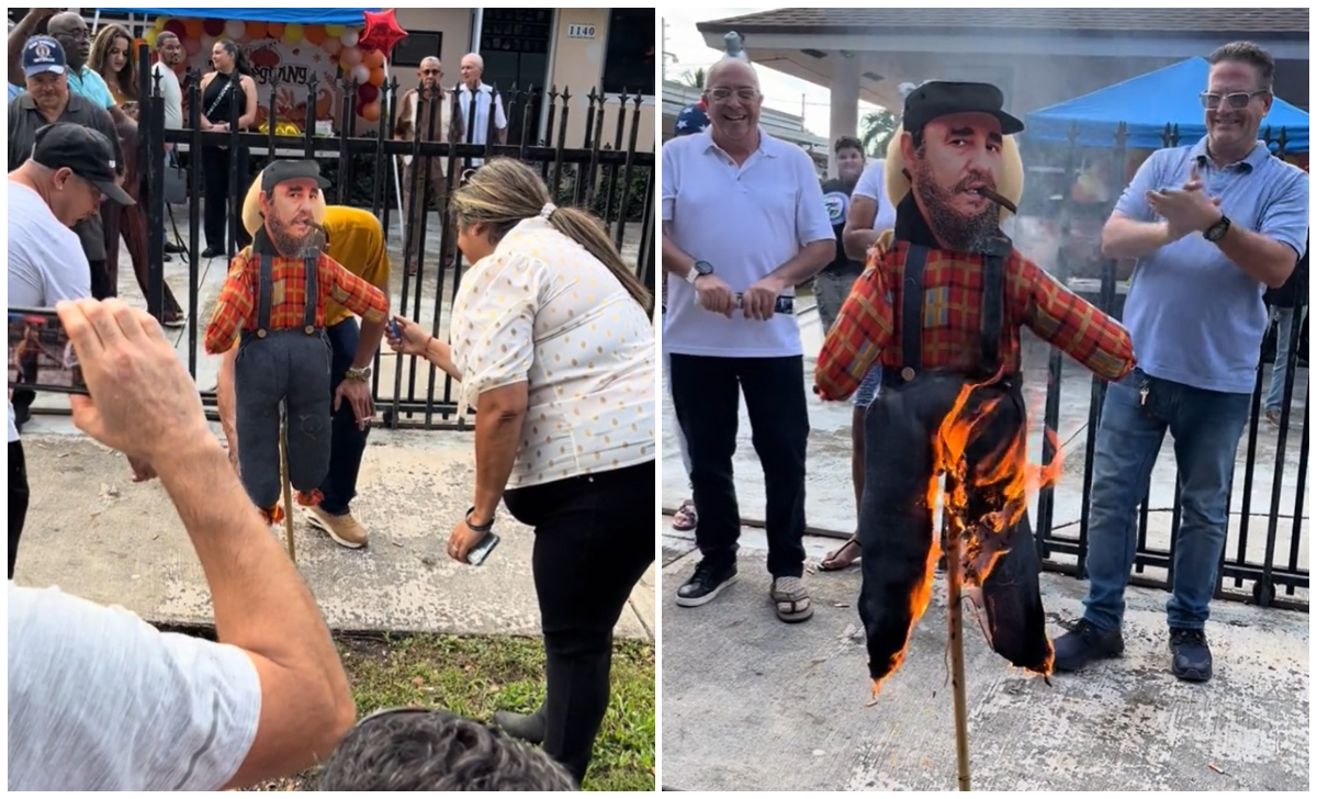 Cubanos en el exilio queman muñeco de Fidel Castro para celebrar aniversario de su muerte. (Captura de pantalla: ktivo.disidente-TikTok)
