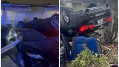 Automóvil termina volcado frente a la vivienda de una familia cubana en Miami. (Captura de pantalla © AmericaTeVe Miami-YouTube)