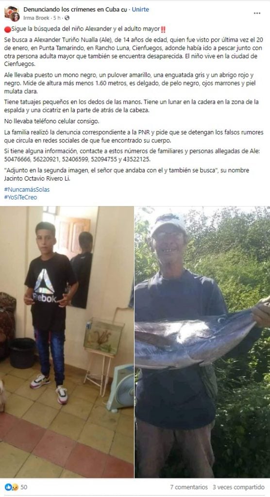 Publicación en donde se identifica al adulto que acompañaba al niño desaparecido. (Captura de pantalla © Irma Broek-Facebook)