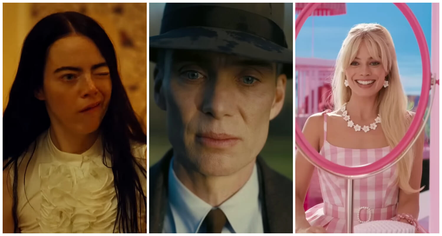 Fotogramas de 'Poor Things', 'Oppenheimer' y 'Barbie'. (Captura de pantalla YouTube © Searchlight Films/ Universal Studios/ Warner Bros. Studios)