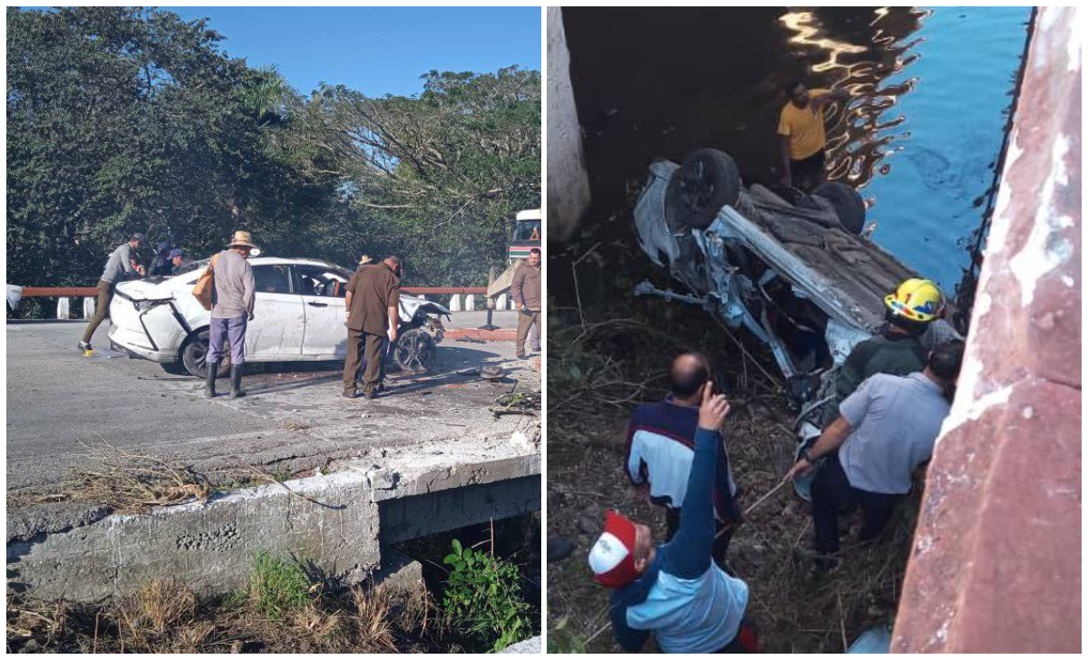 Auto de turismo cae de un puente en Sancti Spíritus: hay tres fallecidos.(Foto © Lillipsy Bello Cancio-Facebook)