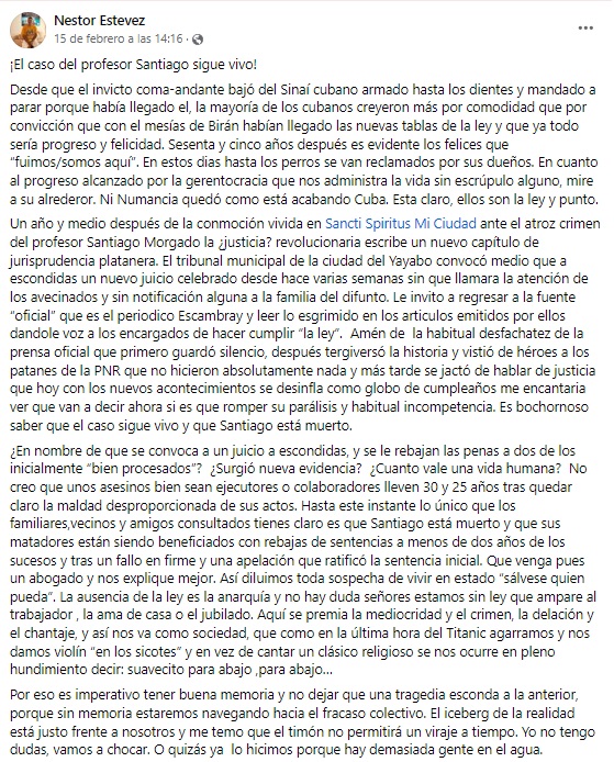 Estévez se mostró indignado por la manera en la que la “justicia” cubana estaba actuando con el caso. (Captura de pantalla © Nestor Estevez-Facebook)