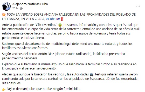 El pefil oficialista hizo lo posible por negar la inseguridad que azota a la Isla desde hace meses. (Captura de pantalla © Alejandro Noticias Cuba-Facebook)