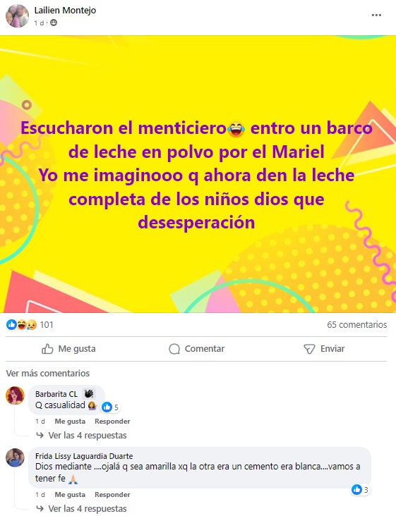 Muchos de los internautas señalaron que era una gran coincidencia que el noticiero informara sobre la llegada de la leche en medio del creciente descontento. (Captura de pantalla © Lailien Montejo-Facebook)