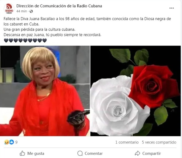 Post de muerte de Juana Bacallao. (Captura de pantalla © Facebook)