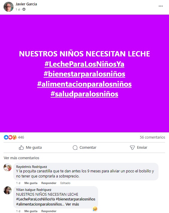 Varios usuarios en el grupo de Facebook “Madres Cubanas por un Mundo Mejor” se comenzaron a quejar de la escasez de leche. (Captura de pantalla © Javier Garcia-Facebook)