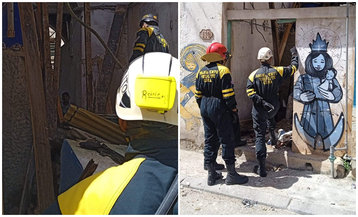 Bomberos cubanos ayudando tras el derrumbe en Habana Vieja. (Foto © Lázaro Manuel Alonso-Facebook)