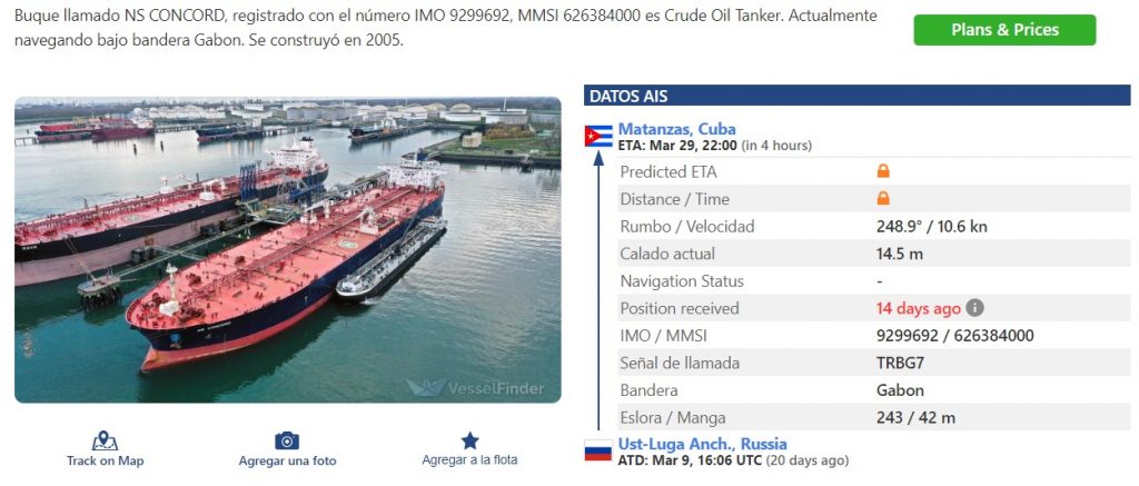 Información sobre el buque ruso camino a Matanzas. (Captura de pantalla © Vesselfinder-Web)