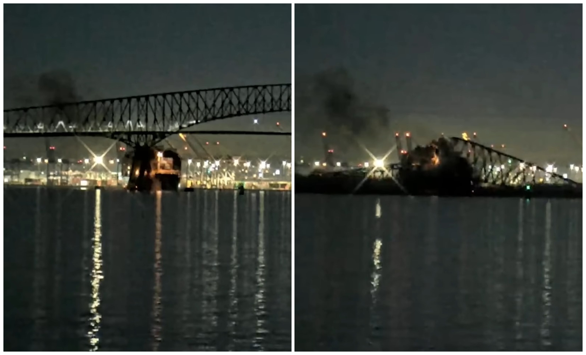 Barco derriba puente en Baltimore y provoca la caída de varios autos al río. (Captura de pantalla © Guardian News-YouTube)
