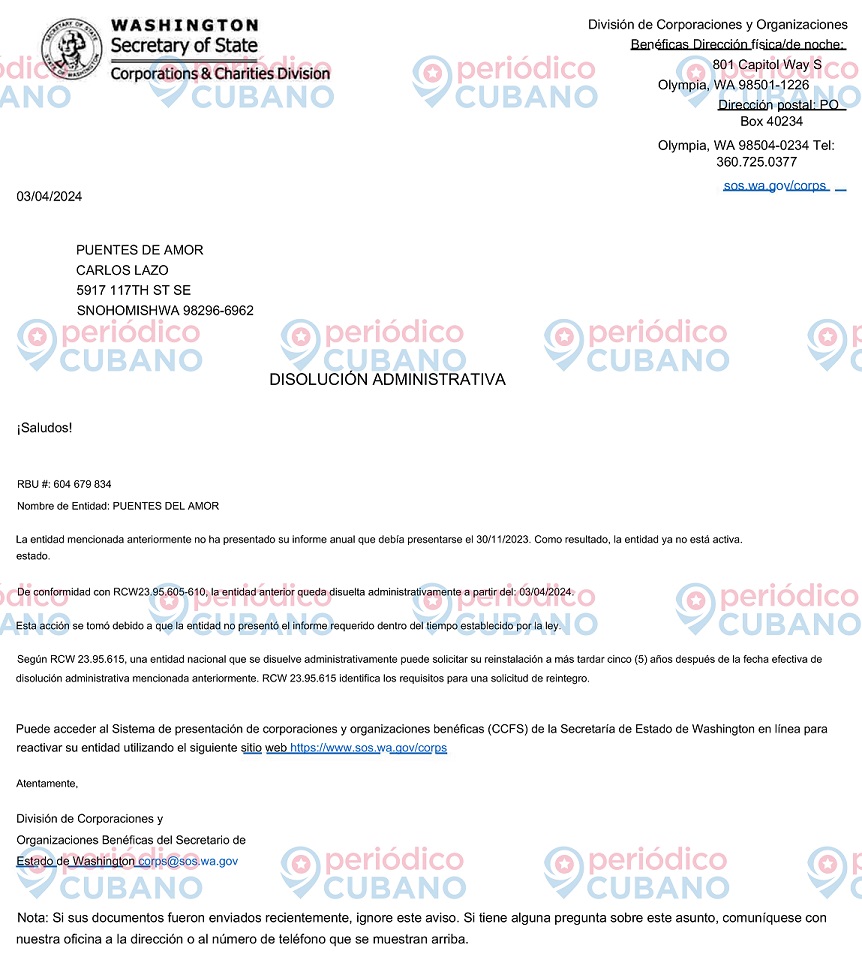 Última carta en la que se confirma la disolución de Puentes de Amor. (Captura de pantalla © Periódico Cubano)