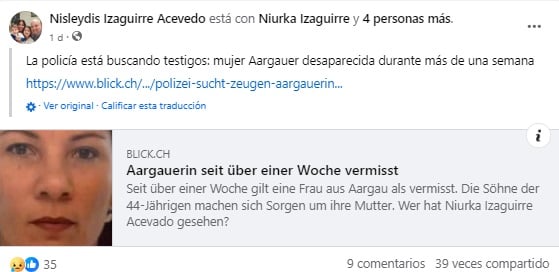 La hermana de la desaparecida señala que la policía está investigando el caso. (Captura de pantalla © Nisleydis Izaguirre Acevedo-Facebook)