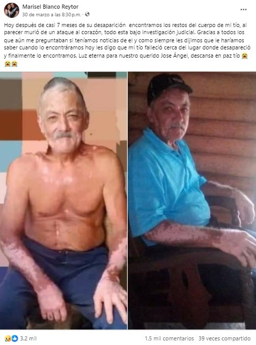 La familia del anciano fue la que confirmó el lamentable hallazgo. (Captura de pantalla © Marisel Blanco Reytor-Facebook)