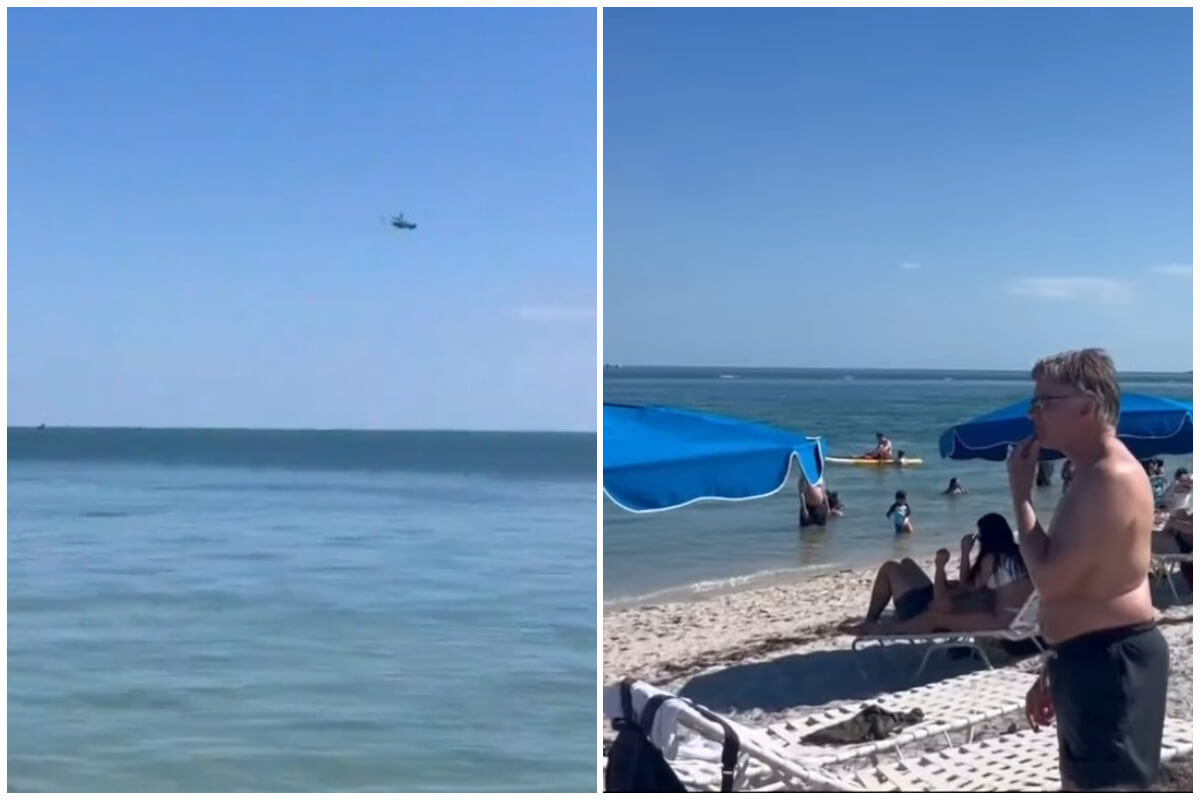 El helicóptero se desplomó frente a la mirada atónita de decenas de bañistas. (Captura de pantalla © WPLG Local 10- YouTube)
