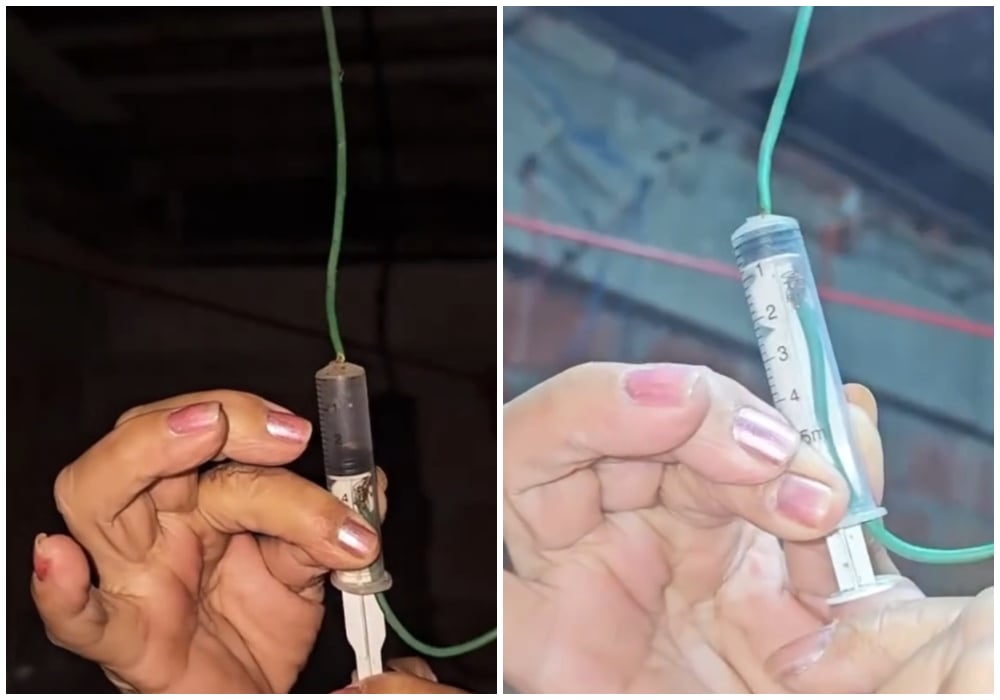 Invento cubano: utilizan una jeringuilla como interruptor de luz. (Captura de pantalla © cubaactu-TikTok)