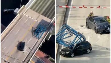 Parte de una grúa se desprendió y cayó sobre un vehículo en Fort Lauderdale. (Captura de pantalla © CBS Evening News- YouTube)