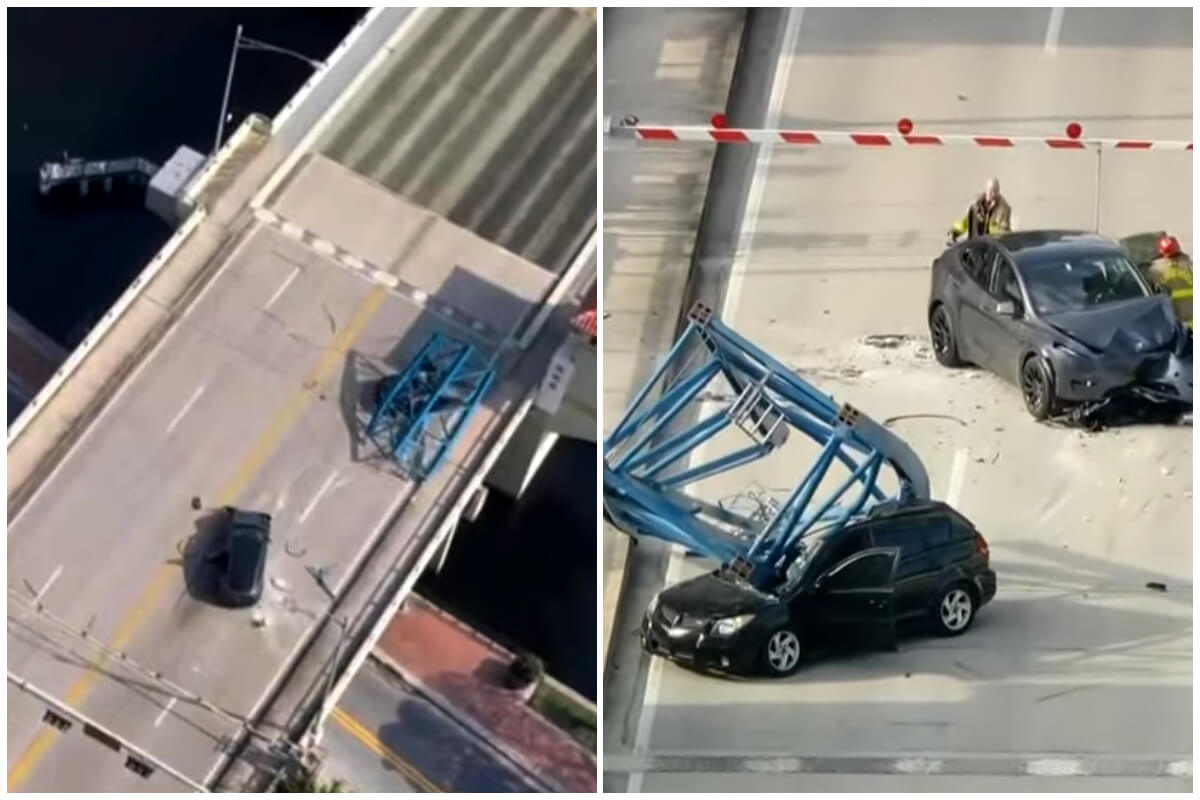 Parte de una grúa se desprendió y cayó sobre un vehículo en Fort Lauderdale. (Captura de pantalla © CBS Evening News- YouTube)
