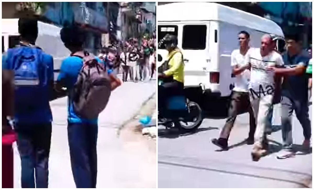 Los vecinos observan cómo el criminal es llevado por oficiales del DTI. (Captura de pantalla © Yosmany Mayeta Labrada-Facebook)