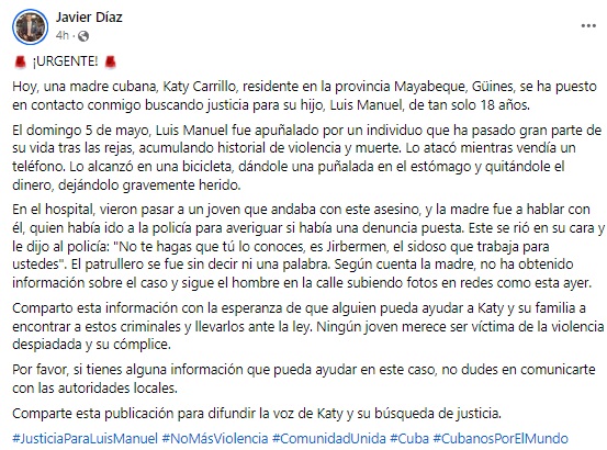 Denuncia compartida en redes sociales por el periodista Javier Díaz. (Captura de pantalla © Javier Díaz-Facebook)
