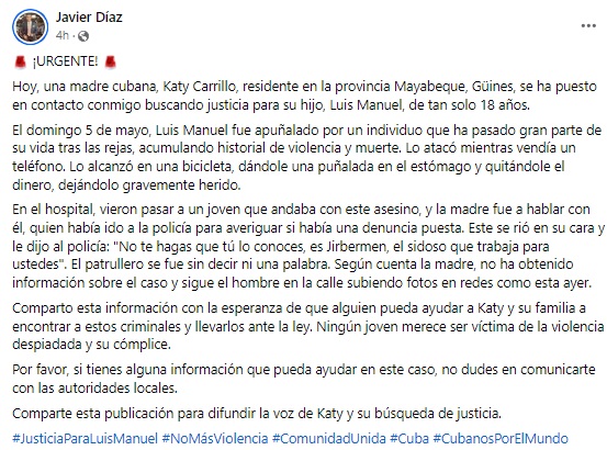 Denuncia compartida en redes sociales por el periodista Javier Díaz. (Captura de pantalla © Javier Díaz-Facebook)