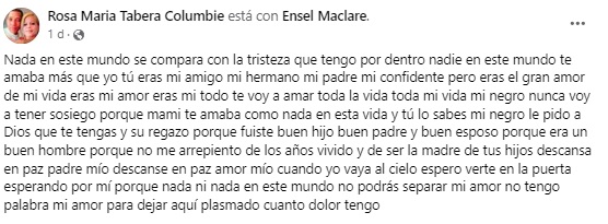 Despedida que la cubana apuñalada le dedicó a su agresor. (Captura de pantalla © Rosa Maria Tabera Columbie-Facebook)