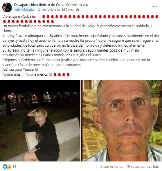 Una de las denuncias asegura que la víctima y el victimario no tenían relación alguna. (Captura de pantalla © Desaparecidos dentro de Cuba .Somos tu voz-Facebook)