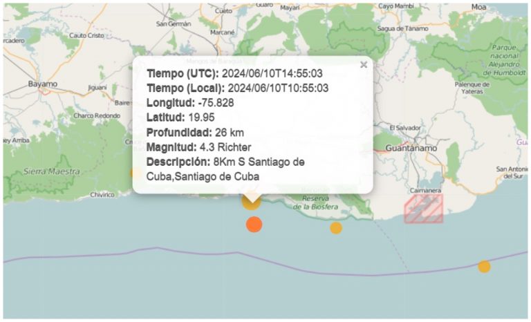 Se registra sismo de 4,3 grados a unos kilómetros de Santiago de Cuba