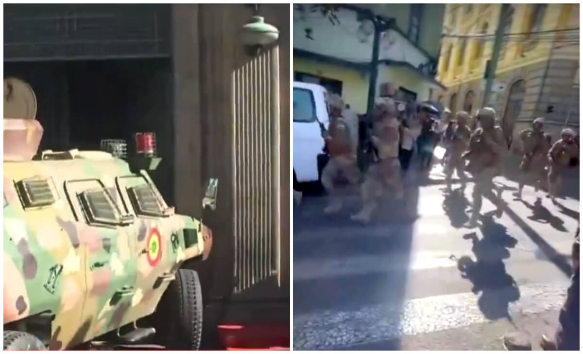 Un tanque derribó la puerta de la sede del gobierno y militares llegaron a la Plaza Murillo. (Captura de pantalla X © José Luis Morales/ Ramiro Escoto digital red)