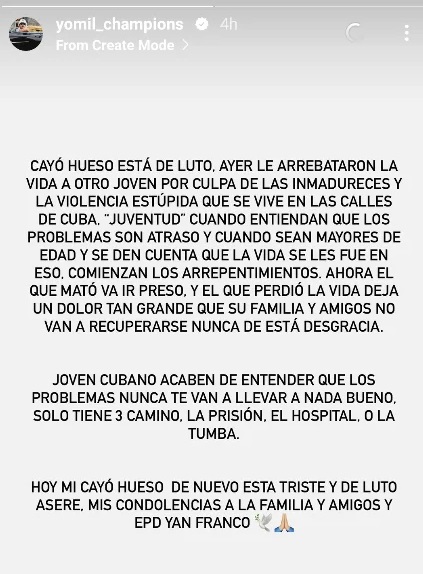 Yomil se manifestó en sus redes sobre el joven fallecido. (Captura de pantalla © yomil_champions-Instagram)