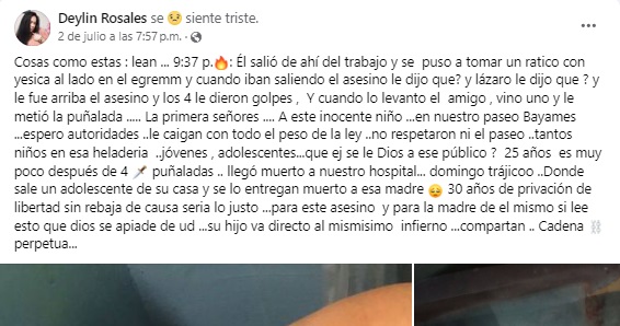 Denuncia hecha en redes sociales sobre el asesinato del joven. (Captura de pantalla © Deylin Rosales-Facebook)