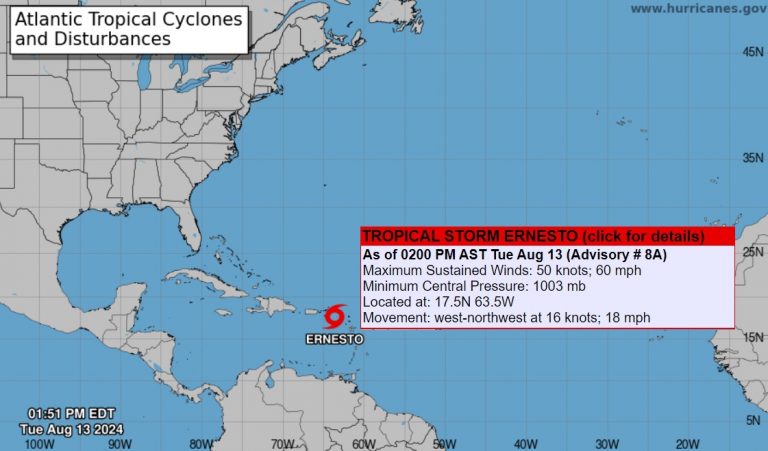 La tormenta tropical Ernesto aumenta de fuerza conforme se acerca a Puerto Rico