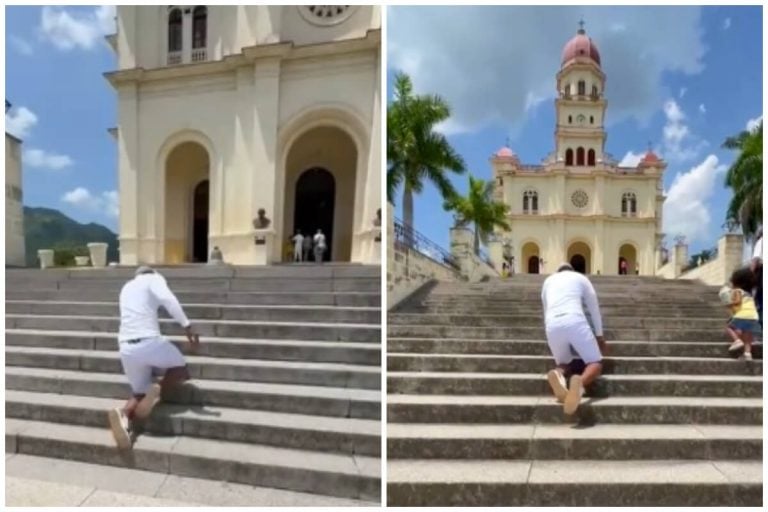 Cubano sube de rodillas para agradecer a la Virgen de la Caridad por llegar a EEUU