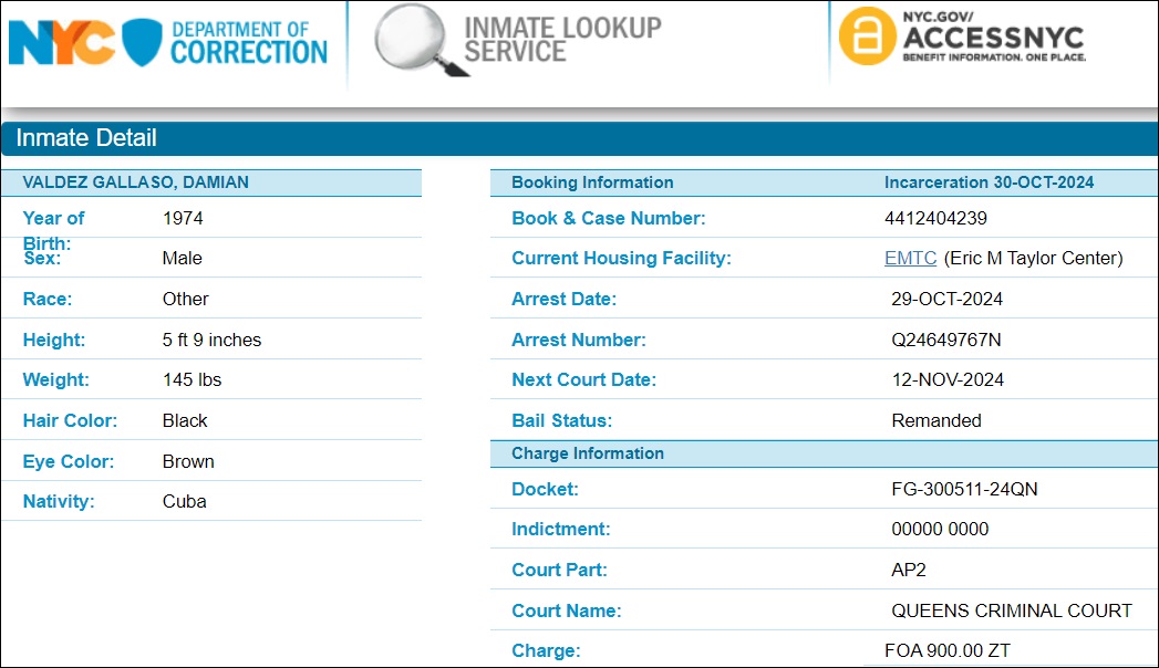 Ficha de arresto de Damián Valdez, persona de interés en caso de El Taiger. (Captura de pantalla © NYC Department of Corrections)
