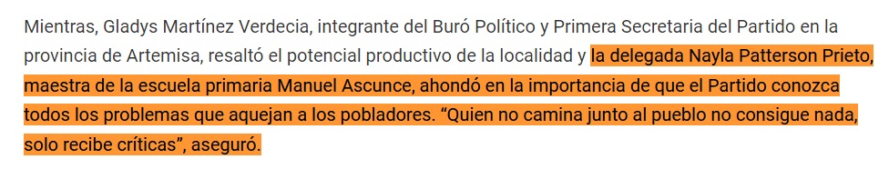 Texto que habla de Nayla Patterson en Cuba. (Captura de pantalla © Artemisa Diario)