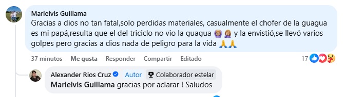 La usuaria, familiar de uno de los involucrados, confirmó que no hubo fallecidos. (Captura de pantalla © Marielvis Guillama-Facebook)