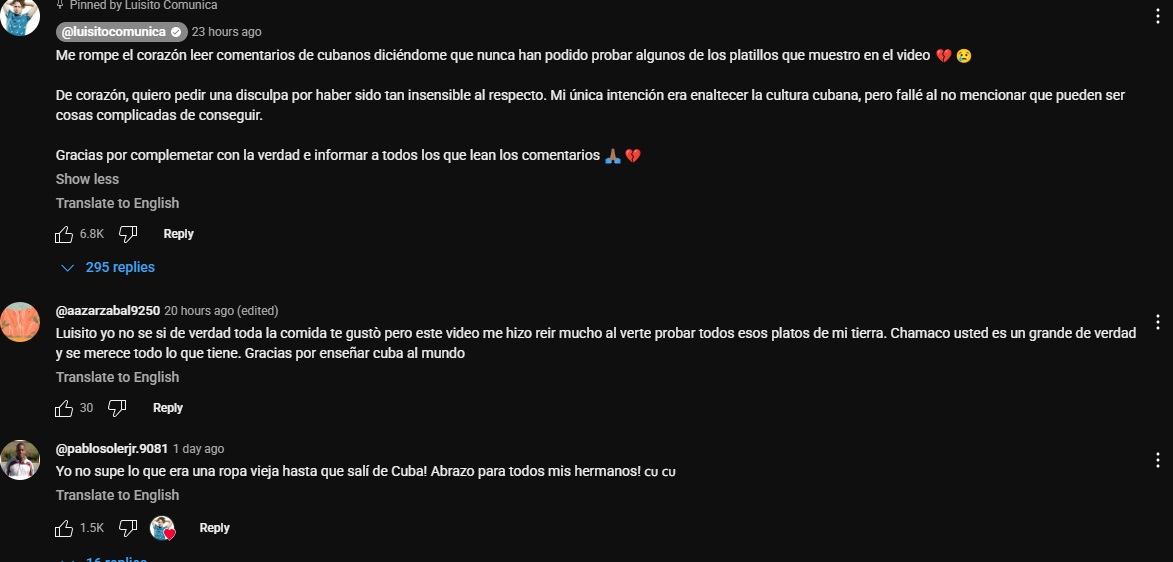 Las disculpas del influencer y algunos de los comentarios hechos en el video. (Captura de pantalla © Luisito Comunica-YouTube)