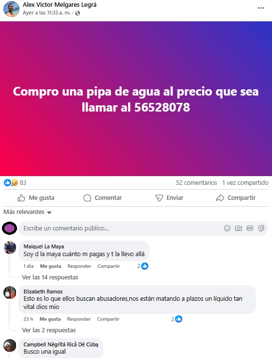 Este tipo de publicaciones son comunes en la provincia. (Captura de pantalla © Alex Victor Melgares Legrá-Facebook)