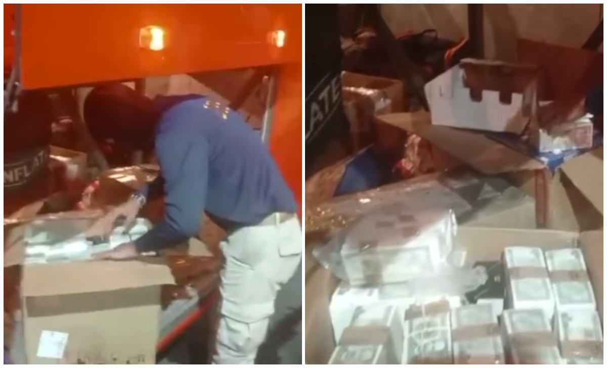 Las autoridades encontraron los billetes en cajas etiquetadas como “libros”. (Captura de pantalla © La Estrella de Panamá-YouTube)