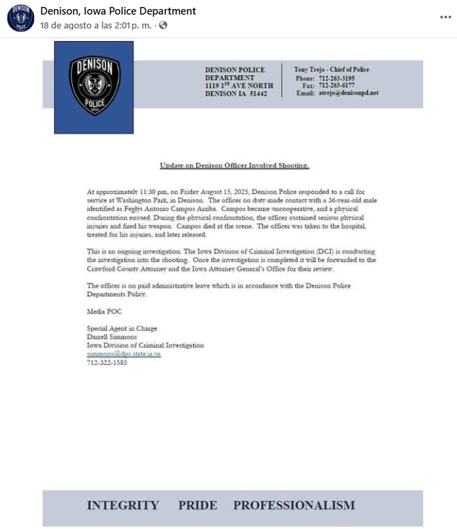 Las autoridades indicaron que la investigación continúa. (Captura de pantalla © Denison, Iowa Police Department-Facebook)
