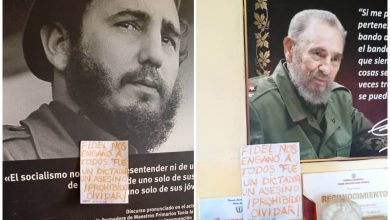 El mensaje se colocó sobre carteles con la imagen de Fidel Casto, aunque no se sabe si permaneció ahí. (Captura de pantalla © José Luis Tan Estrada- X)