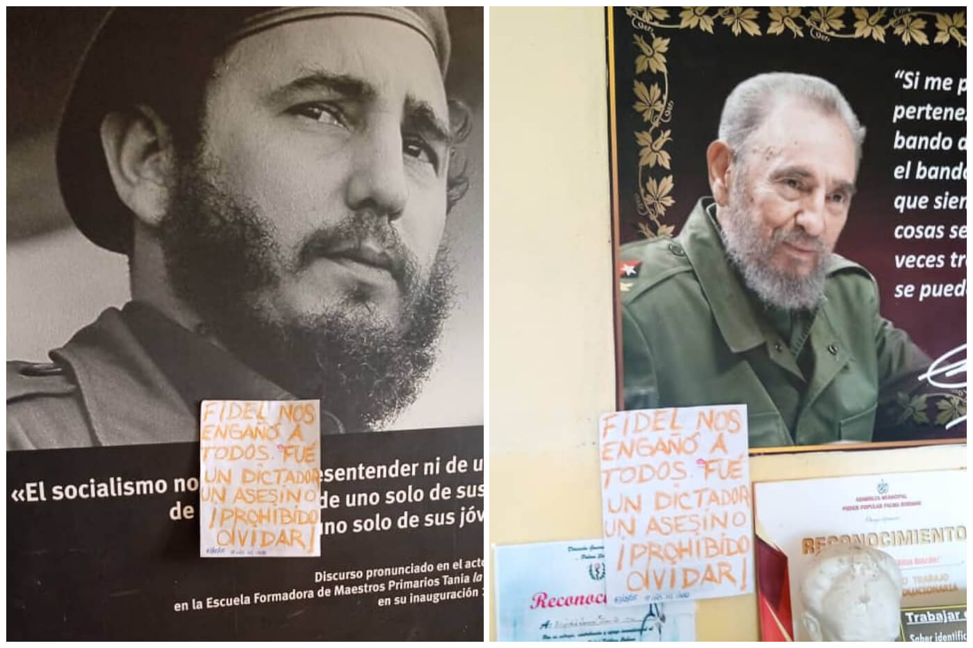 El mensaje se colocó sobre carteles con la imagen de Fidel Casto, aunque no se sabe si permaneció ahí. (Captura de pantalla © José Luis Tan Estrada- X)