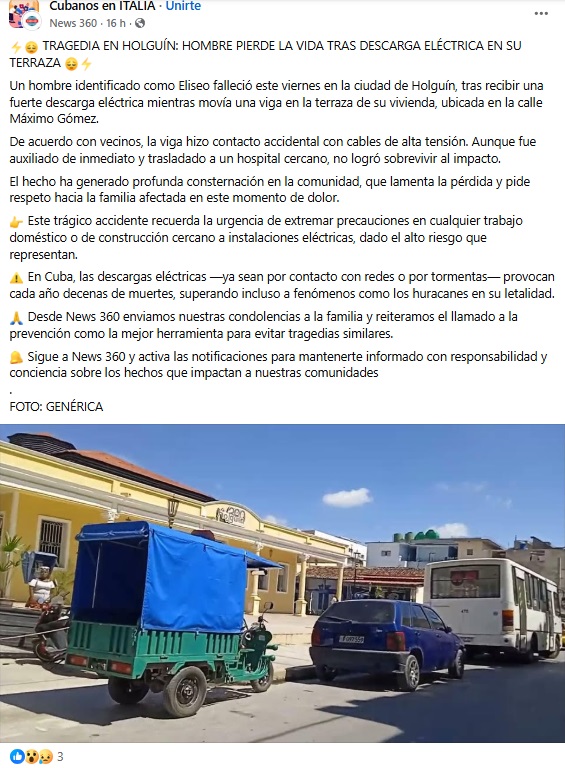 El hombre perdió la vida luego de que un palo que sostenía tocara un cable eléctrico. (Captura de pantalla © Cubanos en ITALIA-Facebook)