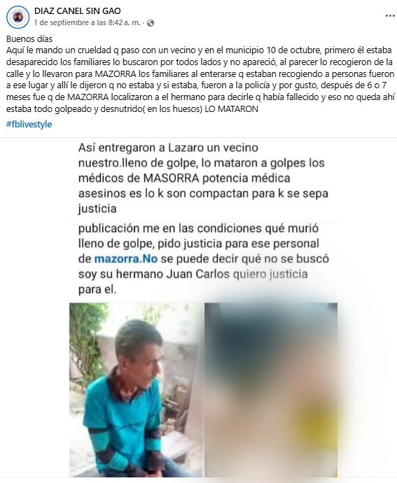 La denuncia señala que el hombre fue hallado en estado de desnutrición. (Captura de pantalla © DIAZ CANEL SIN GAO-Facebook)