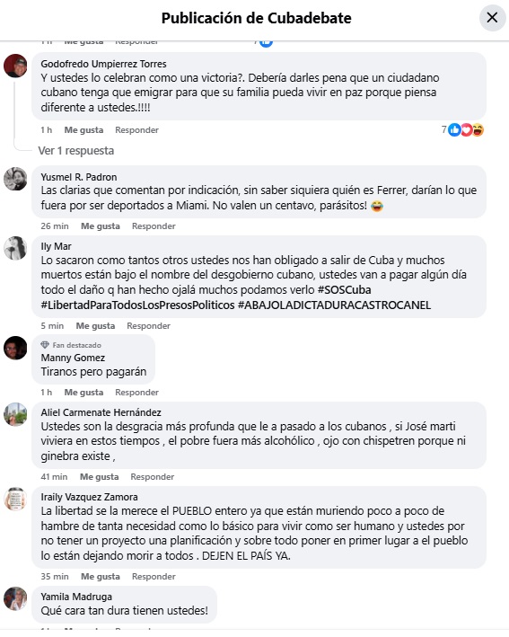Algunos de los comentarios a favor de Ferrer. (Captura de pantalla © Cubadebate-Facebook)