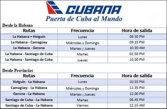 Nuevos horarios anunciados por la aerolínea cubana. (Captura de pantalla © Cubana de Aviación-Facebook)