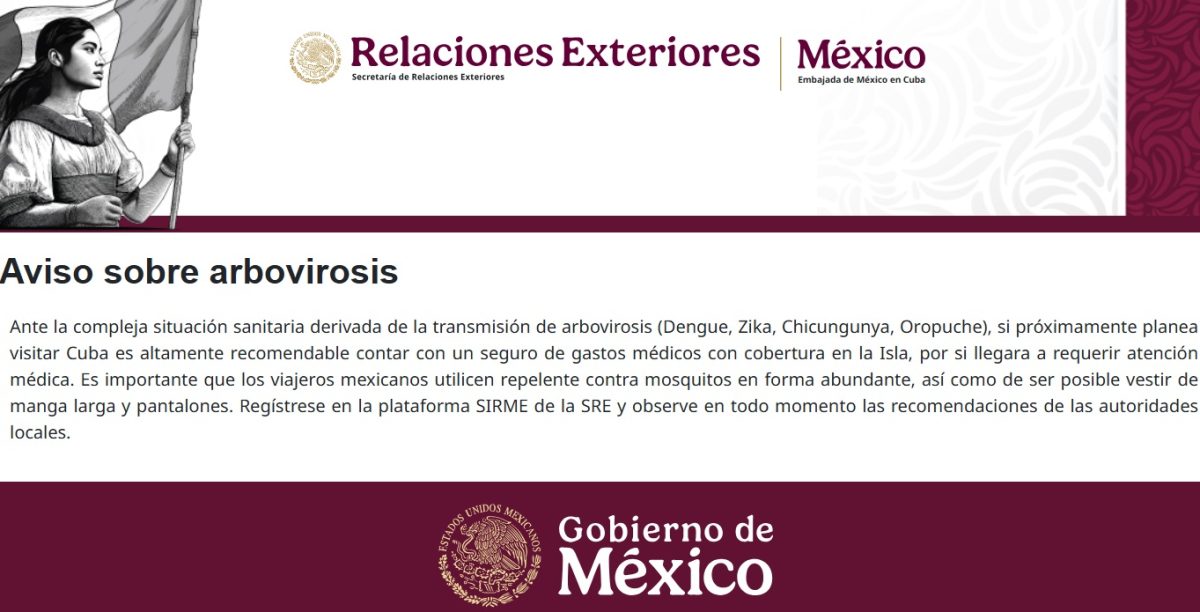 Aviso emitido por las autoridades de México. (Captura de pantalla © Secretaría de Relaciones Exteriores de México)