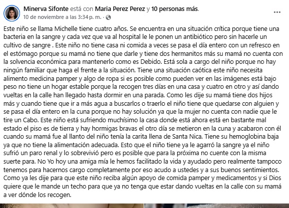 Petición de ayuda para el niño cubano. (Captura de pantalla © Minerva Sifonte-Facebook)