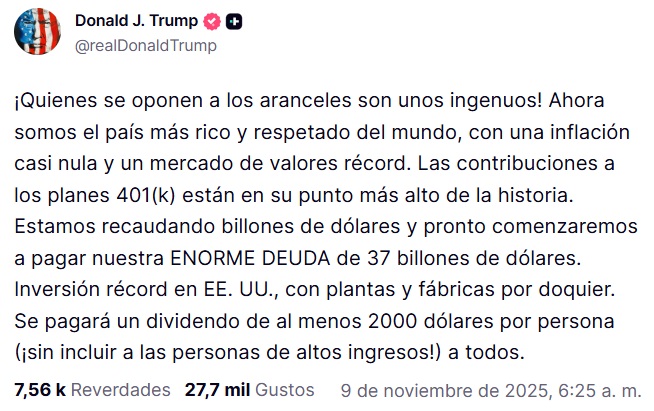 El presidente aseguró que los aranceles habían provocado ganancias millonarias. (Captura de pantalla © realDonaldTrump-Truth Social)