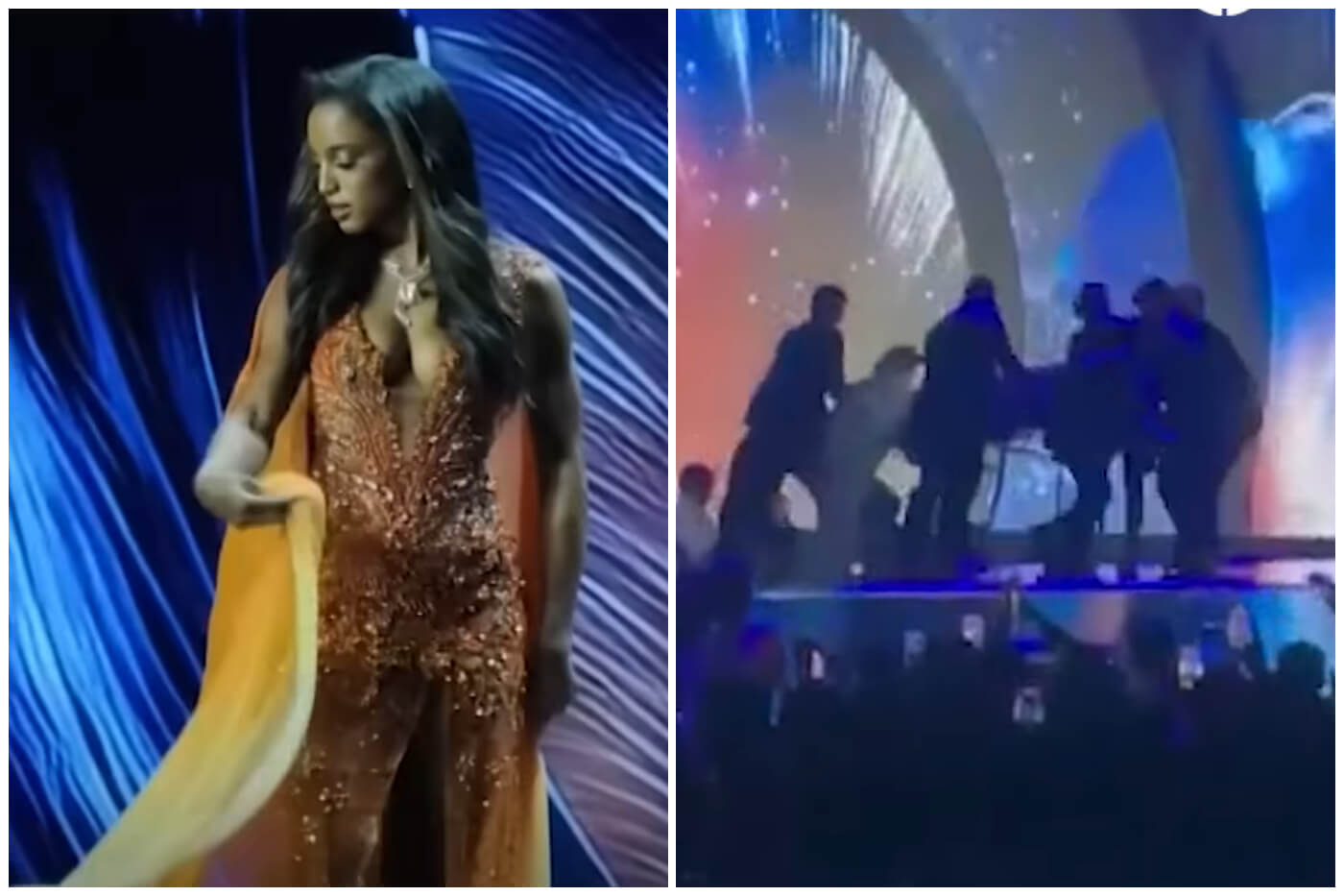 Miss Jamaica tuvo que ser sacada en camilla directo al hospital. (Captura de pantalla © El Mundo- YouTube)