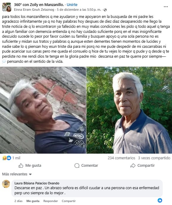 La muerte del anciano fue confirmada en redes sociales. (Captura de pantalla © Einna Eiram Gnuh Zelaznog-Facebook)