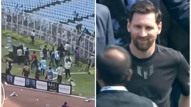 Messi dio un breve discurso y se retiró, desatando la ira de los fans que pagaron miles por verlo jugar. (Captura de pantalla © The Independent- YouTube)